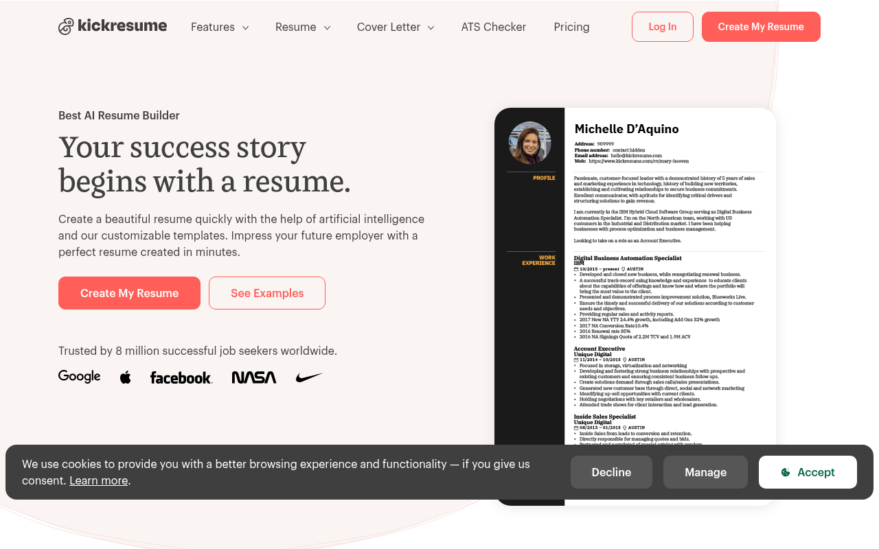 Kickresume homepage